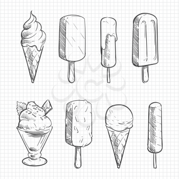 Ice cream sketch collection on notebook page isolated. Vector illustration
