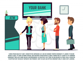 ATM queue with bank adviser - bank service concept. Vector illustration