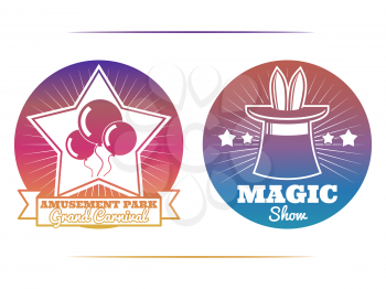 Magic show and amusement park colorful emblems and badge. Vector illustration