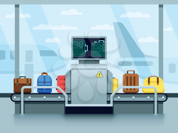 Airport conveyor belt with passenger luggage and police scanner. Terminal checkpoint vector concept. Airport baggage conveyor in terminal illustration