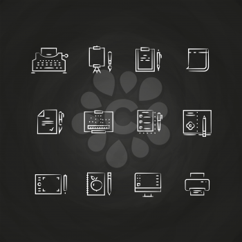 Writing tools line icons on chalkboard design. Equipment for writing. Vector illustration
