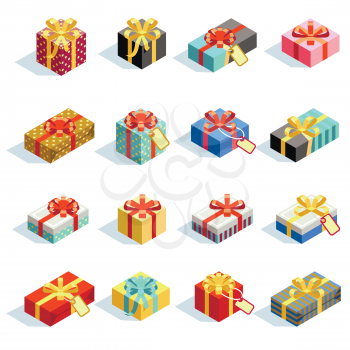 Big set of different colored 3D giftboxes with ribbons isolated. Color giftbox for birthday and christmas surprise. Vector illustration