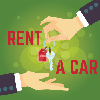 Car rent vector illustration. Hand holding car key. Flat style concept. Poster rent car