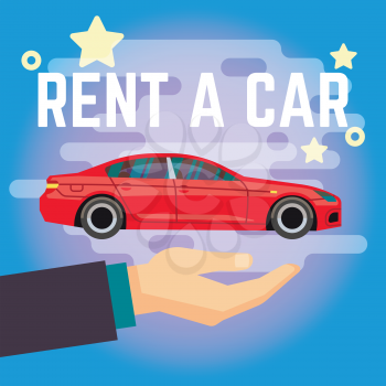 Car rent vector illustration. Hand with flat-style red car on blue background, Rent car template banner