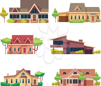 Private residential cottage houses icons. Colored flat vector illustration. Home building cottage collection
