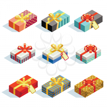 Set of colored 3D giftboxes with ribbons isolated. Celebration giftbox present. Vector illustration