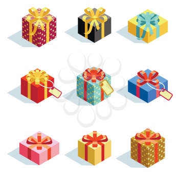 Set of different colored 3D giftboxes with ribbons isolated. Flat vector illustration. Collection of gift box package surprise with ribbon