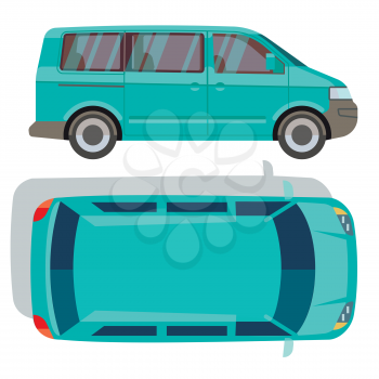 Vector flat-style cars in different views. Blue minivan car illustration