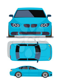 Vector flat-style cars in different views. Blue sedan car front , top and side view illustration