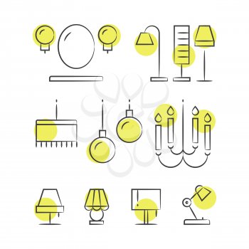 Hand drawn lighting line icons. Drawing sketch lamp, vector illustration