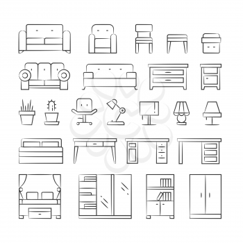 Hand drawn living room furniture icons on white background. Outline modern furniture illustration vector