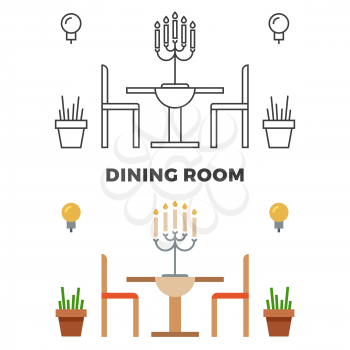Dining room concept - flat style and line style dining room. Vector illustration