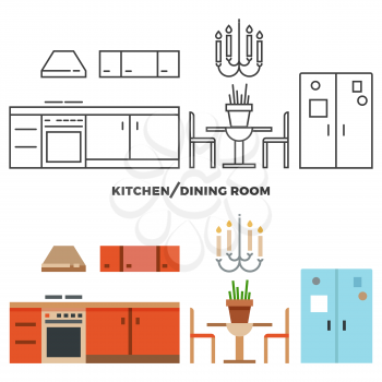 Kitchen and dining room furniture and accessories collection - flat home design icons. Vector illustration