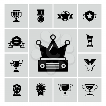 Awards, trophy and prizes black icons. Symbol of winner and champion. Vector illustration
