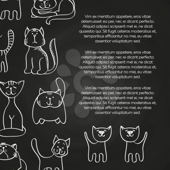 Doodle cats chalkboard poster - hand drawn pets background. Vector illustration