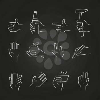 Hand icons with tools and elements on chalkboard. Vector illustration