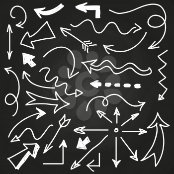 Hand drawn arrows on chalkboard - doodle arrows set. Vector illustration