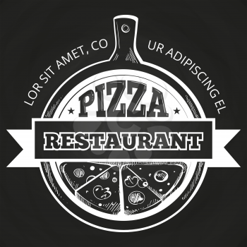 Hand drawn pizzeria label on chalkboard. Banner to pizzeria. Vector illustration