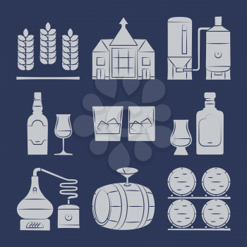 Whisky silhouette icons collection on blue. Whisky drink production icon, vector illustration