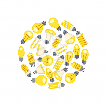 Yellow light bulbs icons in circle on white background. Vector illustration
