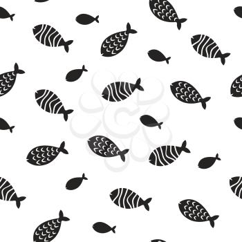 Swimming fish vector seamless pattern. Small silhouette fishes endless decoration. Monochrome fish pattern silhouette, seamless background underwater simple fish illustration