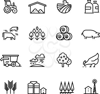 Farm harvest linear vector icons. Agronomy and farming pictograms. Agricultural symbols, farm field, agricultural equipment, tractor transport illustration