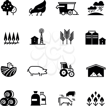 Organic farm and agriculture vector silhouette icons isolated. Agriculture farm silhouette, chicken and livestock illustration