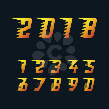 Sports racing numbers with rapid motion effect of speed lines set of vector symbols. Happy new year 2018 fiery symbol. Number for racing with rapid effect speed line illustration
