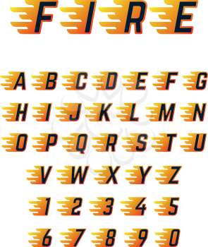Burning running letters with flame. Hot fire vector font alphabet for racing car. Alphabet letter motion burn, speed flame abc illustration