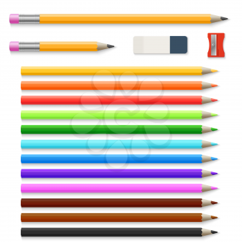 Colored pencils, eraser and sharpener isolated on white vector set. Colored pencils and eraser, school tools crayons illustration
