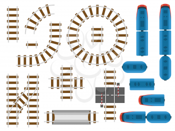 Top view railway tracks and railroad transport - trains, carriage and car. Rail road round for train, railway transport illustration