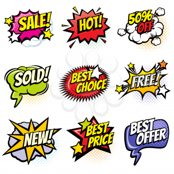 Comic speech bubbles with promo words. Discount, sale and shopping cartoon banners vector set. Discount label and best offer illustration