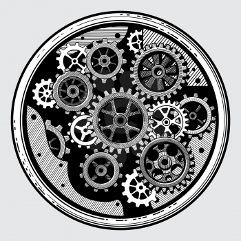 Vintage industrial machinery with gears. Cogwheel transmission in hand drawn old style vector illustration. Equipment with machinery sketch transmission cogwheel