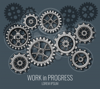 Business teamwork and communication vector concept with hand drawn gears. Abstract technology vector background with sketch cog wheels. Concept teamwork drawing engineering cogwheel illustration