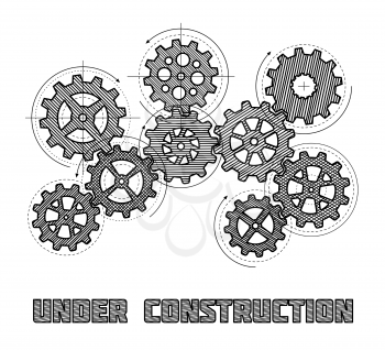 Under construction website vector concept with hand drawn gears. Banner under construction with sketch cogwheel illustration