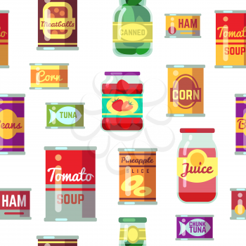Canned goods and food in metal container vector seamless pattern. Container canned seamless pattern illustration