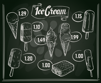 Hand drawn ice cream menu vector design on chalkboard. Menu with ice cream on chalkboard drawing, vector illustration