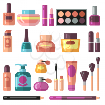 Girl accessories, beauty and makeup flat vector icons. Cosmetics and perfume pictograms. Fashion perfume and makeup cosmetic illustration