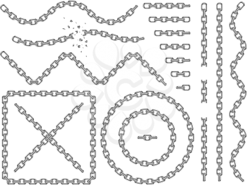 Metal vector chains isolated. Chrome chain icons and brushes set. Chain broken link, strong line connection chain illustration