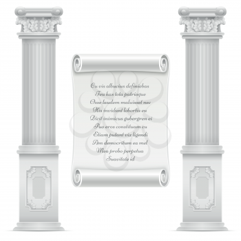 Antique roman architecture design with marble stone colomns and text on wall parchment stone, vector engraved text on marble illustration