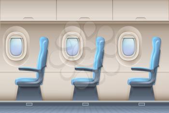 Passenger airplane vector interior. Aircraft indoor with comfortable chairs and portholes. Interior of aircraft and airplane illustration