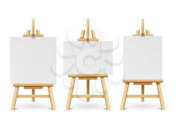 Wood easels or painting art boards with white canvas of different sizes. Artwork blank poster mockups. Wooden board with paper white canvas illustration