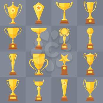 Winner trophy gold cups flat vector icons for sports victory concept. Sport award and prize, trophy cup illustration