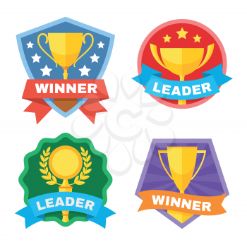 Achievement, champ and contest vector logo set with gold trophy cup. Sport trophy achievement, winner and leader illustration