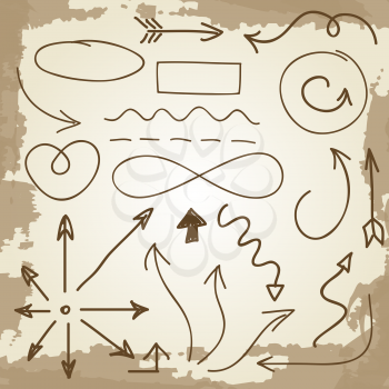 Doodle arrows and symbols on vintage grunge backdrop. Vector illustration