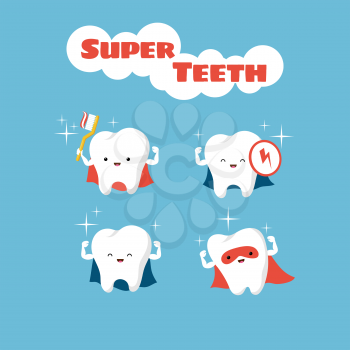 Superhero smiling kids teeth vector characters. Tooth character superhero illustration