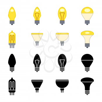 Black silhouettes and colorful light bulbs icons isolated on white. Power light lamp electric, vector simple bright lamp, illustration of electrical lightbulb
