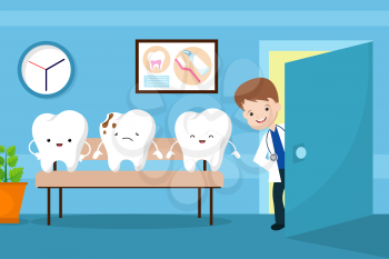 Healthy mouth vector kids concept. Teeth in dentist waiting room. Dentist person in hospital, healthcare stomatology illustration
