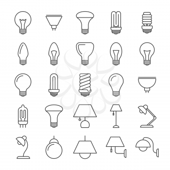 Lamp and light bulbs line icons collection. Light lamp variation, table and wall illustration vector