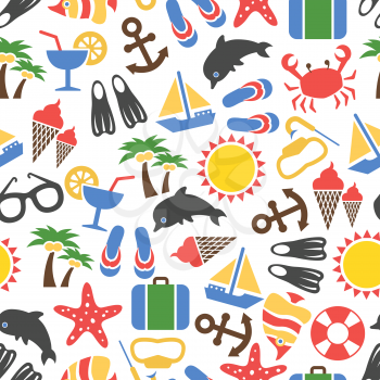 Colorful summer vacation seamless pattern - texture with sea animals, ship, sun, summer accessorises. Vector illustration